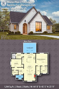 two story house plan with 2 car garage and living area in the front, an open floor