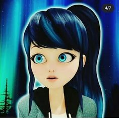 an animated girl with blue eyes and long hair in front of the aurora bores