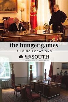 two men sitting at a desk in an office with the caption'the hunger games filming locations south '