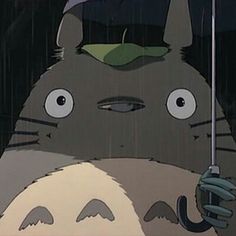 a cartoon character holding an umbrella in the rain while standing next to a cat with big eyes