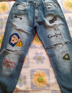 Custom jeans Coraline And Wybie, Coraline Aesthetic, Coraline Doll, Diy Clothes And Shoes