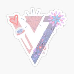 the letter v with flowers and hearts on it sticker is shown in pink, blue,