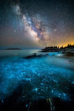 the night sky is filled with stars and water