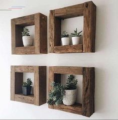 three wooden square shelves with plants in them on the wall next to eachother