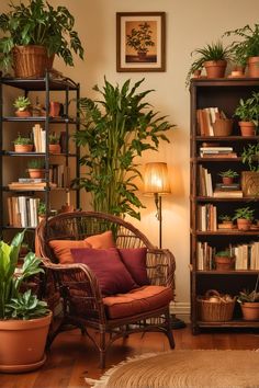 a living room filled with lots of plants and bookshelves next to each other