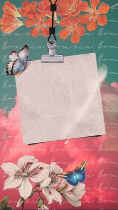 a piece of paper attached to a clipboard with flowers and butterflies around it on a pink background