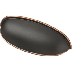 an oval metal tray with a black surface and brown trim on the bottom, set against a white background