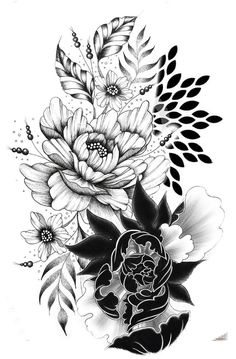 a black and white drawing of flowers