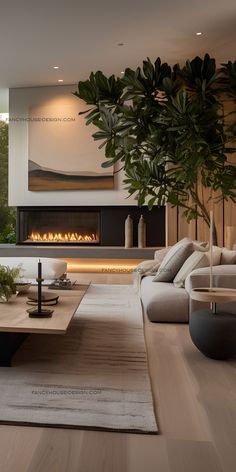 a living room with a couch, coffee table and fireplace