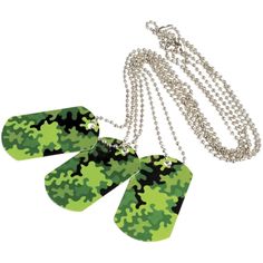 three green and black camouflage dog tags hanging from a chain