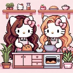 two hello kitty girls cooking in the kitchen