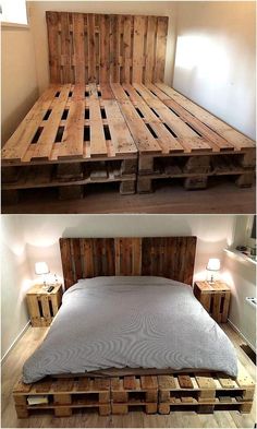 the bed is made out of wooden pallets and has two sides that have been turned into a platform