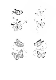 some butterflies flying in the sky with stars on them, and one is black and white