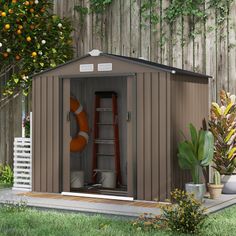 a small shed with an orange life preserver in it