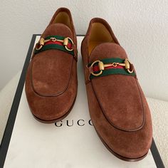 New Authentic Can Be Worn As Slip On Gucci 5 Unisex Ship Next Business Day Gucci Designer Brown Loafers, Designer Brown Gucci Loafers, Gucci Suede Loafers With Leather Sole, Designer Brown Loafers With Suede Lining, Gucci Suede Formal Loafers, Gucci Suede Loafers For Formal Occasions, Designer Brown Loafers With Horsebit Detail, Designer Brown Loafers With Branded Heel, Gucci High Top Sneakers