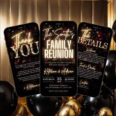 three black and gold balloons with the words thank you family reunion written on them