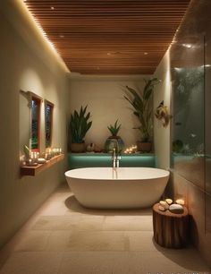 a bath room with a large tub and candles