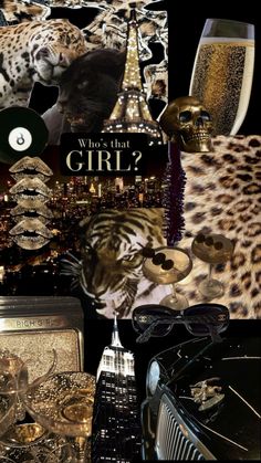 a collage of different items including champagne, leopard print and other animal related objects