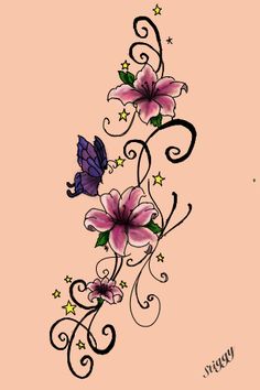 a tattoo design with flowers and butterflies on it