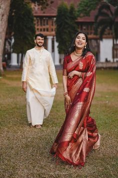 South Indian Bride & Groom In Minimal Outfits Engagement Dress For Bride Indian, Modern Day Wedding, Indian Reception Outfit, Indian Wedding Dress Traditional, Indian Wedding Aesthetic, Red Saree Wedding, Wedding Outfits Indian, Engagement Dress For Bride, South Indian Bride Saree