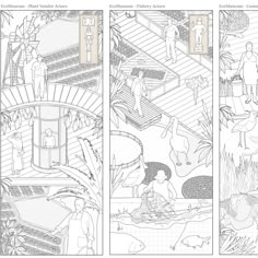 three paneled drawings depicting people in an outdoor area with trees and other things on the ground