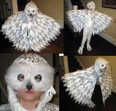 four pictures of a woman wearing an owl costume with feathers on her head and hands