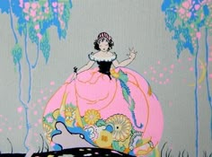 a painting of a woman in a pink dress sitting on top of a large ball