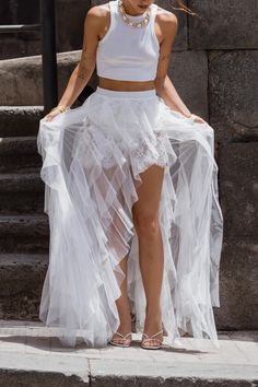 Rosalie Rock White Tulle Maxi Skirt – 12th Tribe Party Bottoms, Tulle Ruffles, Girl Energy, Concert Dresses, 12th Tribe, Dresses Date Night, Tulle Maxi Skirt, Bridal Tops, Top Wedding Dresses