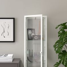 a white cabinet with glass doors and pictures on the top shelf next to a potted plant