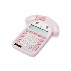 a pink toy calculator with a hello kitty on it's face and buttons