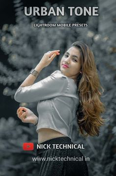 an advertisement for the urban tone lightroom mobile presets, featuring a woman in grey top and black skirt