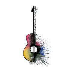 an acoustic guitar with colorful paint splattered on the body and neck, in front of a white background