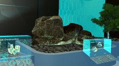 an animated image of some rocks and trees in the middle of a room with blue lights