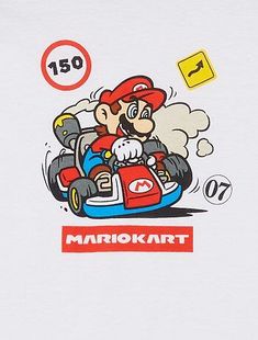 the mario kart t - shirt is white and has an image of mario on it