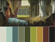 the color palette for this painting shows trees and water