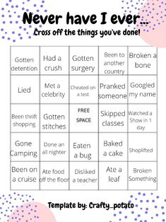 A "never have I ever" bingo template I made! Bottom Bingo Template, Pan Bingo, My Type Bingo, Never Have I Ever Bingo, Snapchat Games