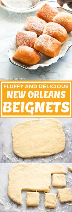 doughnuts and pastries are being made in the kitchen with text overlay that reads, fluffy and delicious new orleans beignets