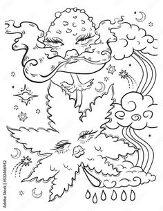 a black and white drawing of a dragon with clouds, stars and raindrops