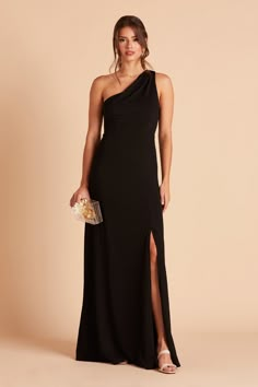 This one-shoulder gown features raised neckline, perfect for bridesmaids who favor a modest look. Available in Black. 21st-century Grecian goddess. | Black Bridesmaid Dress Crepe Size XS | Birdy Grey Kira Neutral Bridesmaid Dresses, Grey Bridesmaids, One Shoulder Bridesmaid Dresses, One Shoulder Bridesmaid, Black Bridesmaids, Birdy Grey, Grey Dresses