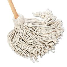 a white mop with a wooden handle on a white background, it is used to clean the floor