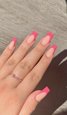 medium length square pink french tip acrylics 💗 Pink French Tip Nails Coffin Medium, Nails Inspiration Medium Length, Medium Length Nails Acrylic Coffin Summer, Square Nail Ideas Medium Length, Pink Tip Nails Coffin, Medium Acrylic Nails Coffin Ideas, Hot Pink French Tips Square, French Tip Acrylic Nails Medium Length, Pink Nails With Pink French Tip