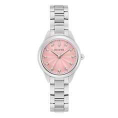 Add a pop of color to your wardrobe with this stylish Bulova ladies’ timepiece from the Sutton collection. Stainless steel 28.0mm case, pastel pink sunray dial, 11 diamond hour markers, and silver-toned hands Quartz movement Stainless steel bracelet; foldover clasp Water resistant to 30 meters We are an authorized Bulova dealer Classic Pink Watch With Round Dial, Pink Chronograph Watch For Formal Occasions, Classic Pink Watch For Formal Occasions, Modern Pink Watches With Diamond Hour Markers, Formal Pink Diamond Watch With Diamond Hour Markers, Pink Chronograph Watch As Gift, Pink Chronograph Watch For Gift, Pink Round Watches With Subdials, Formal Pink Watch Accessories With Diamond Hour Markers