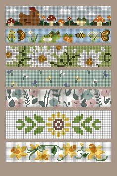 four rows of cross stitch designs with flowers and animals on them, each in different colors