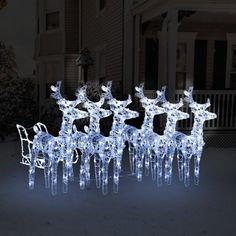 lighted reindeer sleighs in front of a house