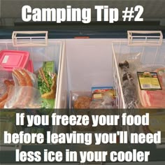 two bins filled with food and the words camping tip 2 if you freeze your food before leaving you'll need less ice in your cooler