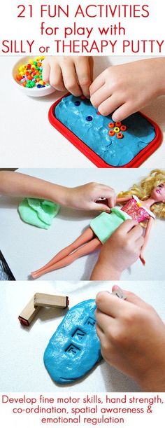 the instructions to play with clay and paint are shown in three different ways, including using scissors