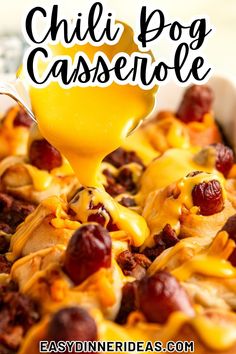 a cheesy casserole is being drizzled with cheese