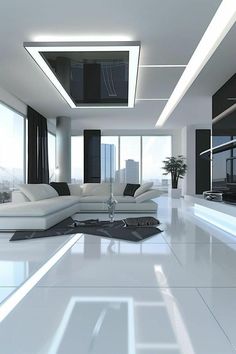 a modern living room with white furniture and large windows