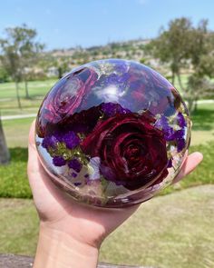 a hand holding a glass ball with flowers in it