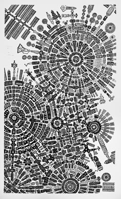 a black and white drawing of a city map with lots of different things on it